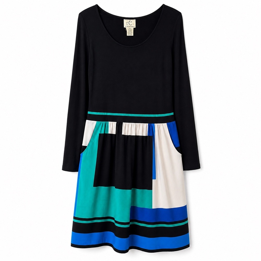 Vintage ECI‎ Drop Waist Color Block Long Sleeve Stretch Mini Dress Size M Y2K